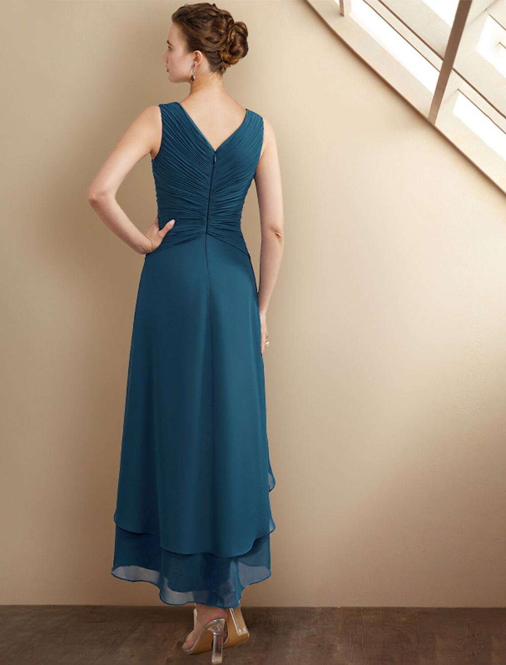 Mother of the Bride Dress Elegant High Low V Neck Asymmetrical Sleeveless Wrap Included with Beading Cascading Ruffles Side-Draped