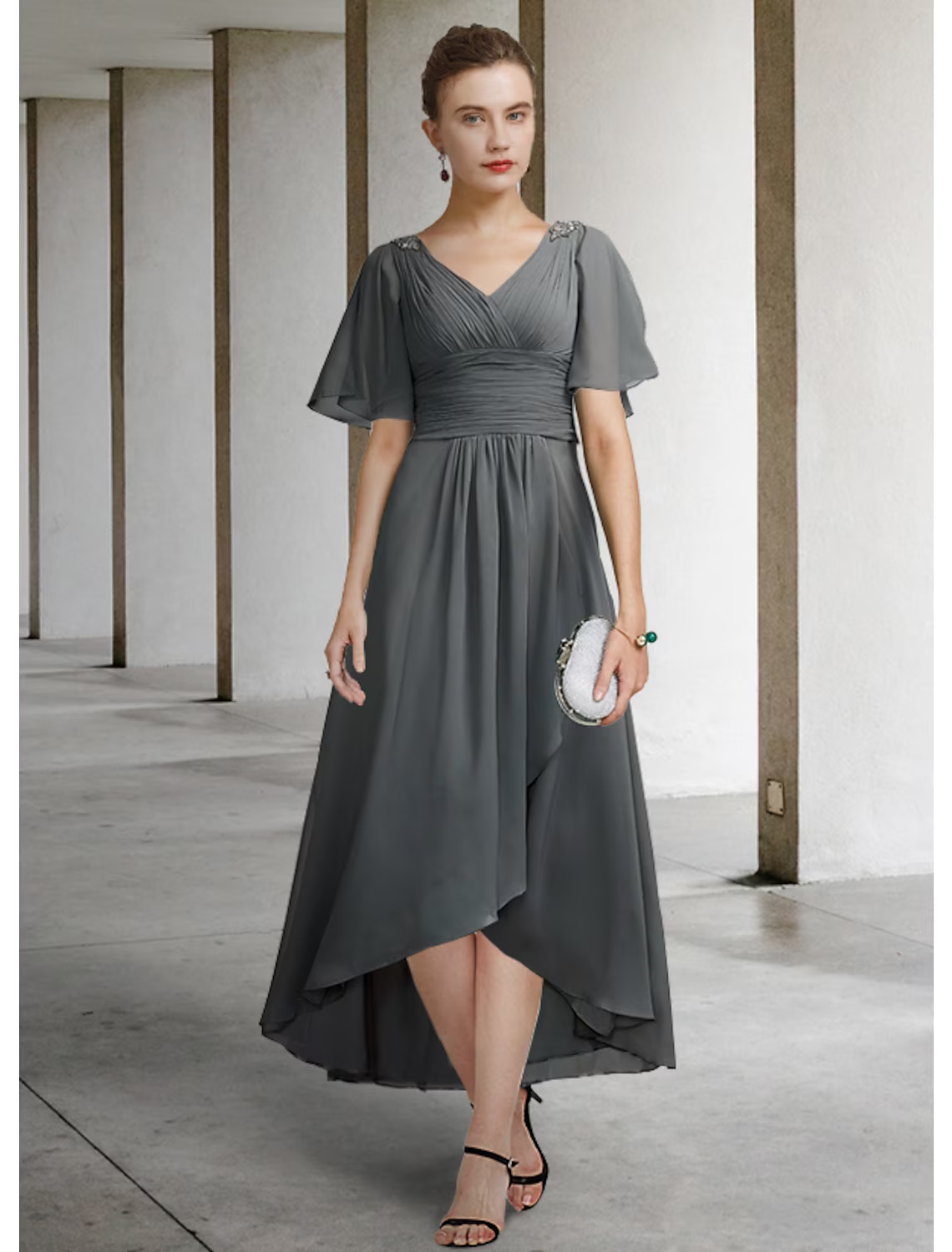 Mother of the Bride Dress Elegant High Low V Neck Asymmetrical Short Sleeve with Pleats Ruching