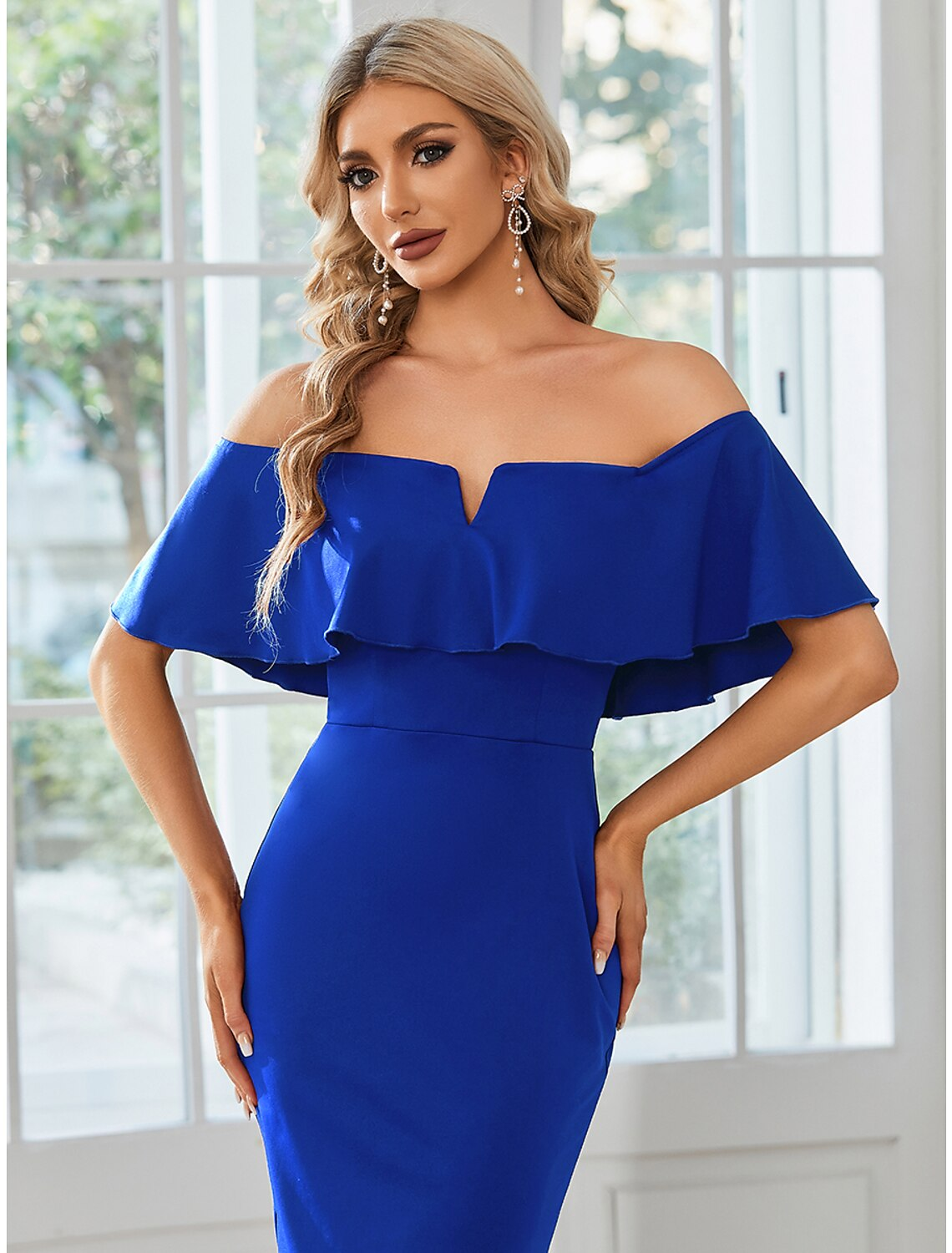 Wedding Guest Dresses Dress Party Wear Tea Length Short Sleeve Off Shoulder Fabric with Slit