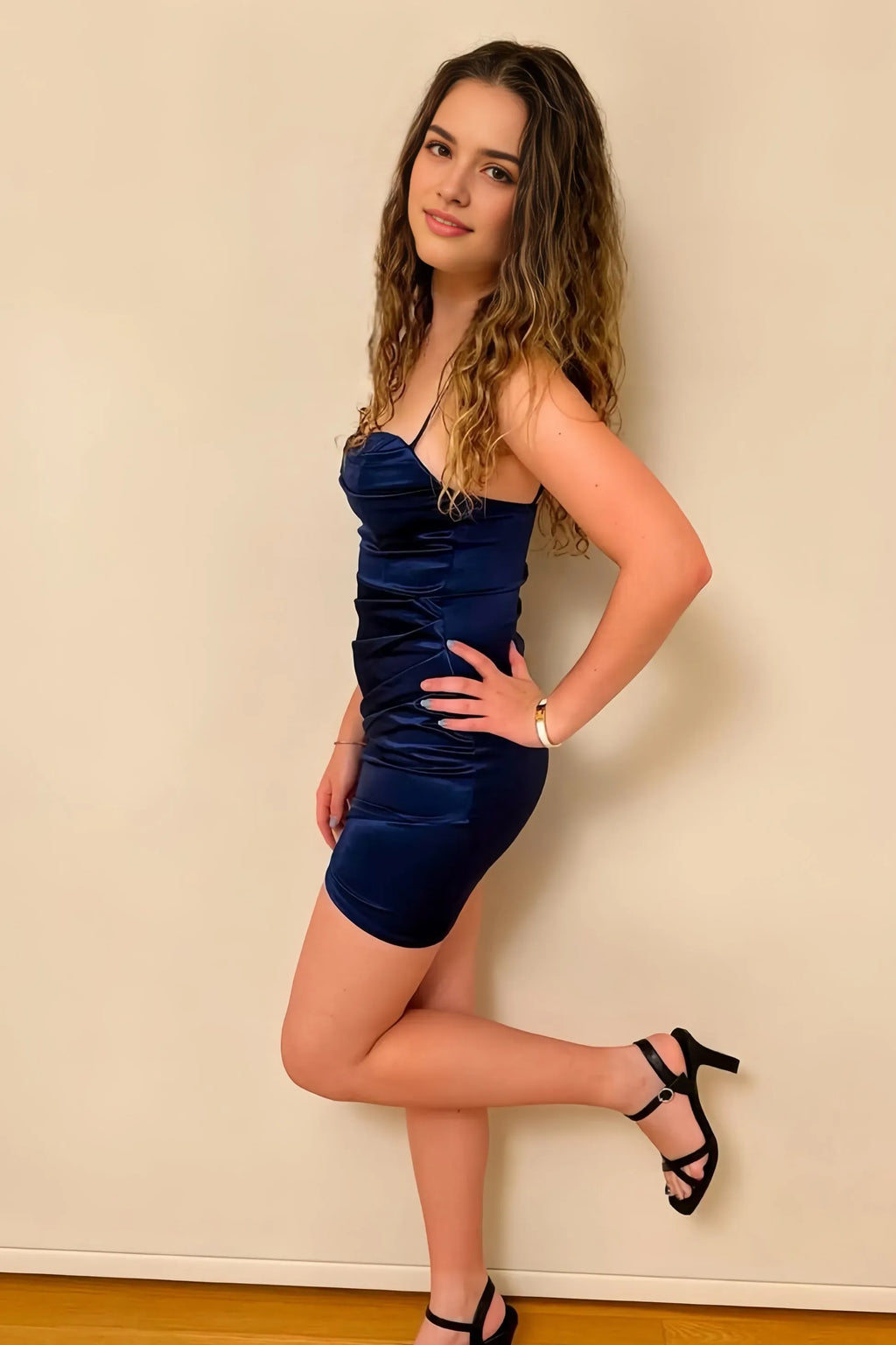 Blue Spaghetti Strap Homecoming Dress Ruched Bodycon Mini for Stylish