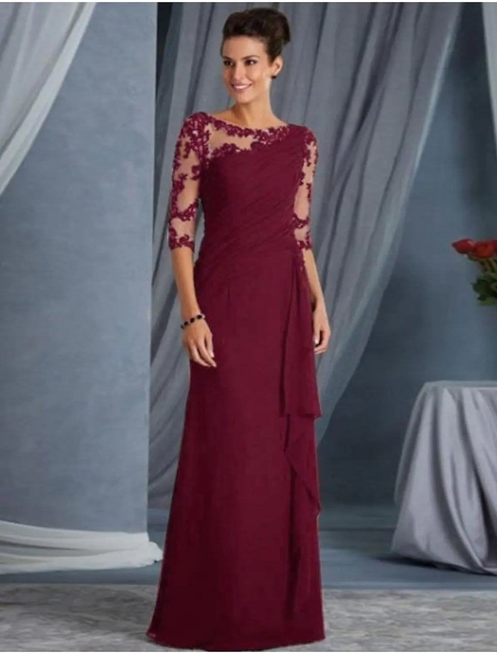 Evening Gown Elegant Dress Wedding Guest Floor Length Half Sleeve Appliques