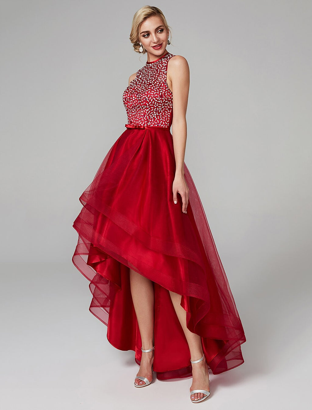 Sparkle & Shine Dress Wedding Guest Asymmetrical Sleeveless Jewel Neck with Bow(s)
