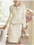 Two Piece Sheath / Column Mother of the Bride Dress Wedding Guest Party Elegant Winter With Jacket Long Sleeve Scoop Neck Knee Length Solid Color