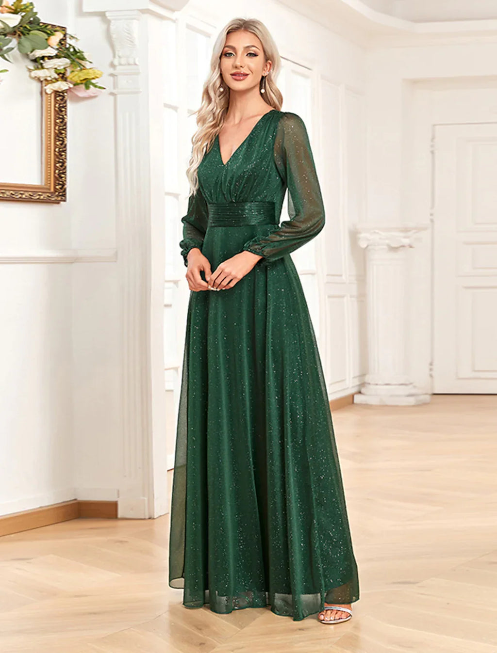 Evening Gown Elegant Dress Formal Floor Length Long Sleeve V Neck