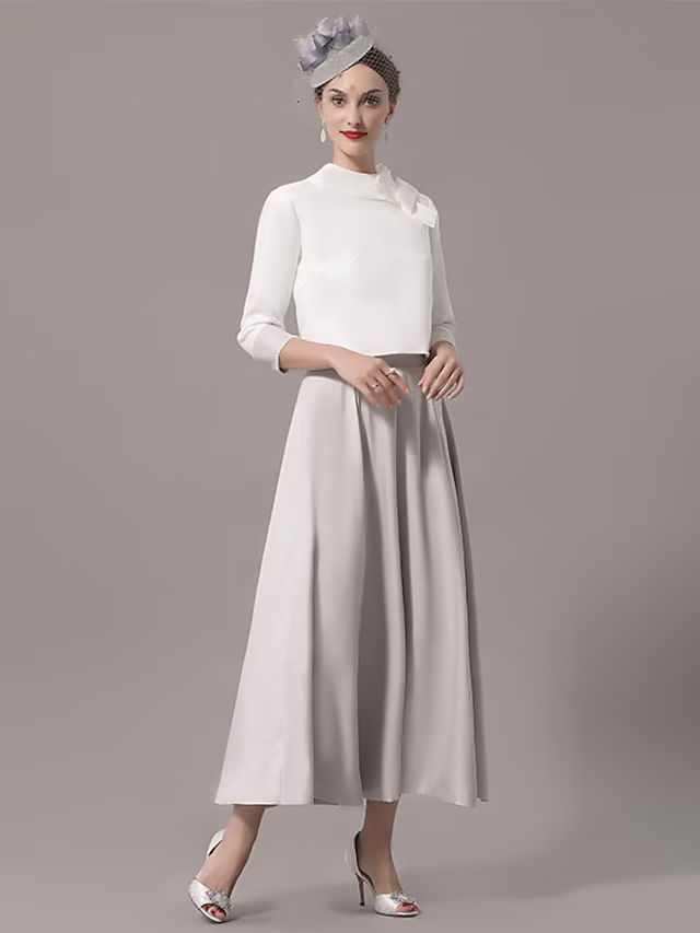 Two Piece Mother of the Bride Dress Church Elegant Ankle Length Sleeve with Bow(s)