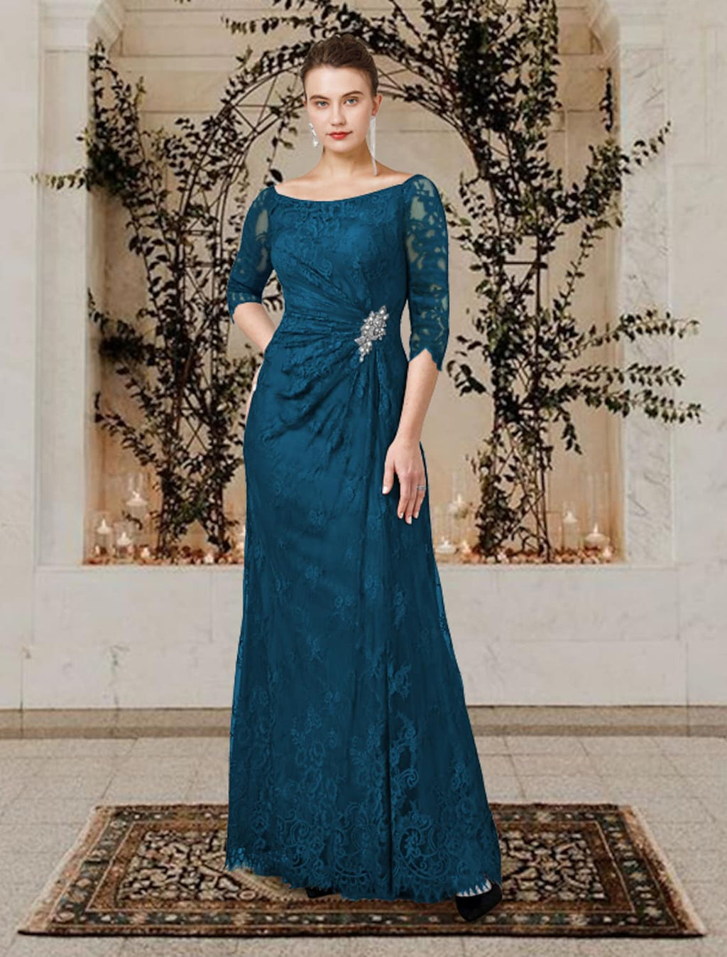 Mother of the Bride Dress Plus Size Elegant Floor Length Short Sleeve Ruffles Crystal Brooch