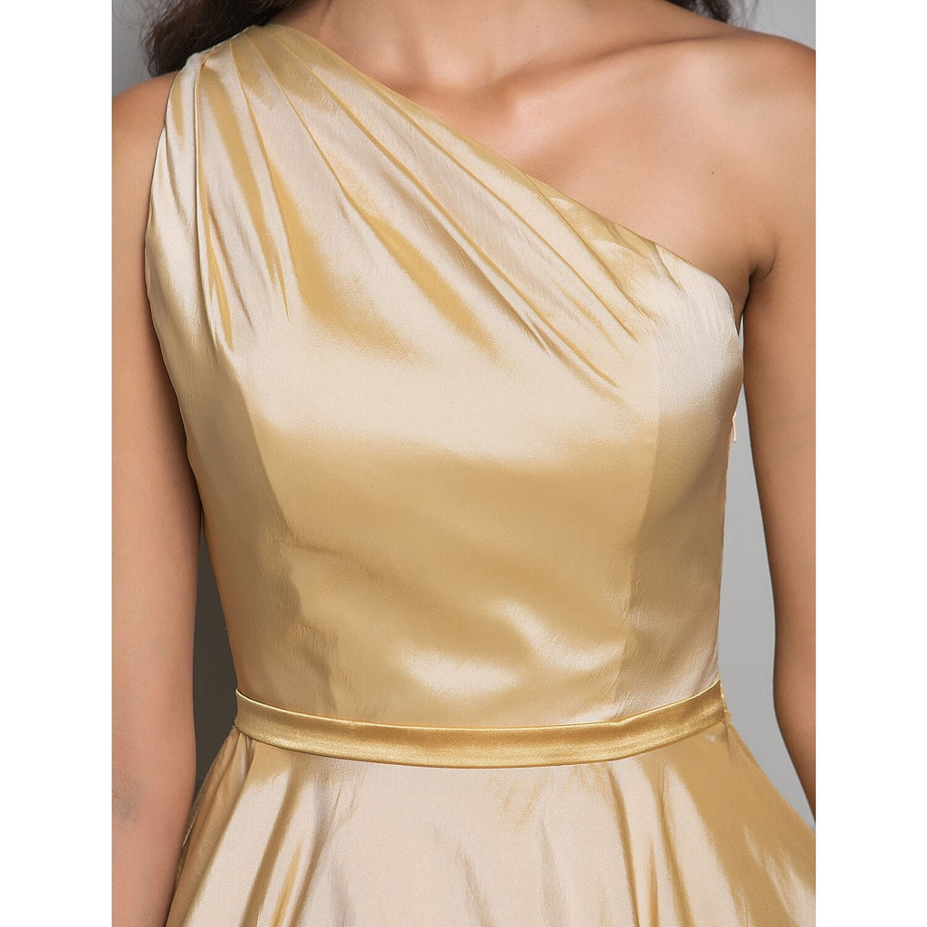 Minimalist Elegant Cocktail Party Wedding Party Dress One Shoulder Sleeveless Tea Length Taffeta with Sash / Ribbon