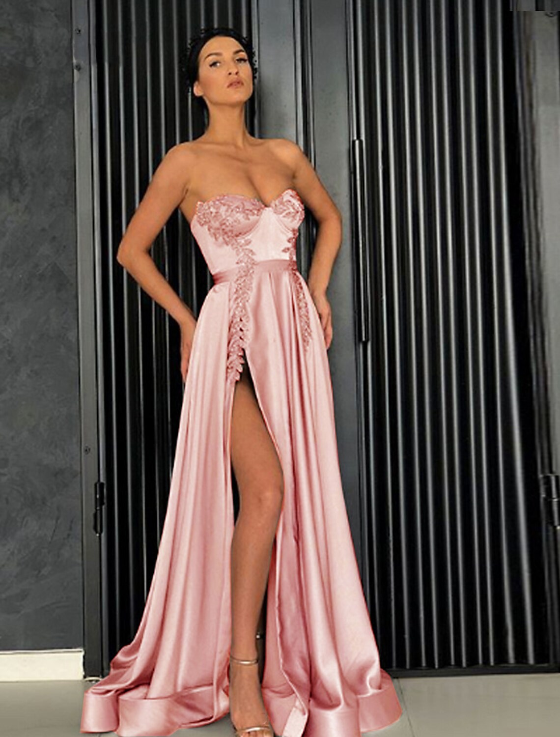 Party Wear Prom Dress Off Shoulder Sleeveless Floor Length with Pleats Slit