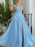 Ball Gown Prom Dresses Celebrity Style Dress Wedding Guest Birthday Floor Length Sleeveless Spaghetti Strap with Slit Appliques