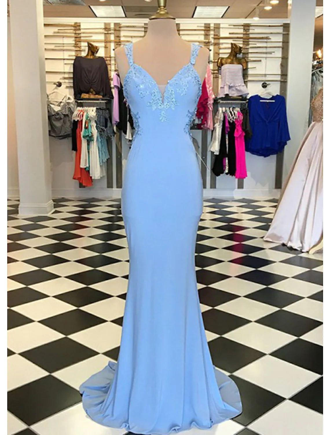 Scalloped Neck Sleeveless Sweep Train Elastic Prom Dress With Appliqu