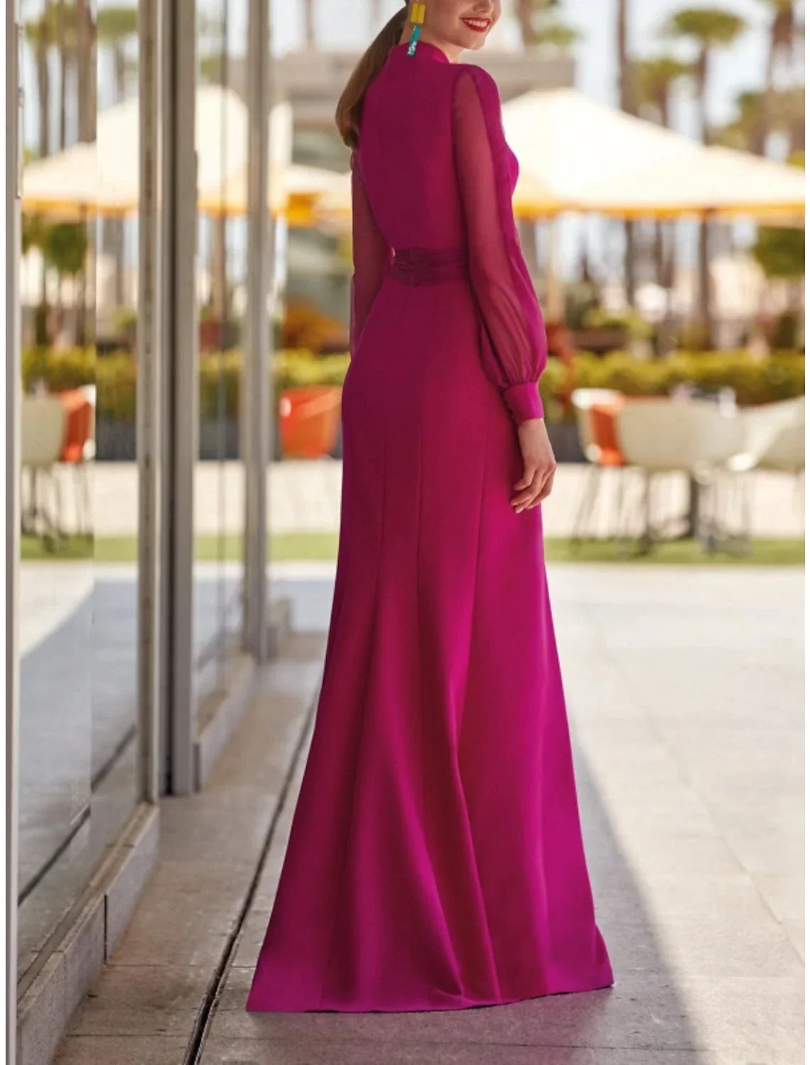 Sheath Evening Gown High Split Dress Formal Wedding Guest Floor Length Long Sleeve V Neck with Slit Strappy