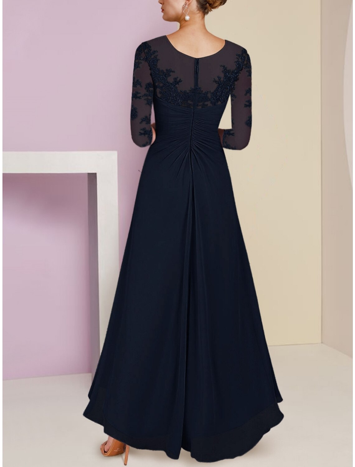 Mother of the Bride Dress Wedding Guest Elegant Scoop Neck Asymmetrical Ankle Length 3/4 Length Sleeve with Ruching