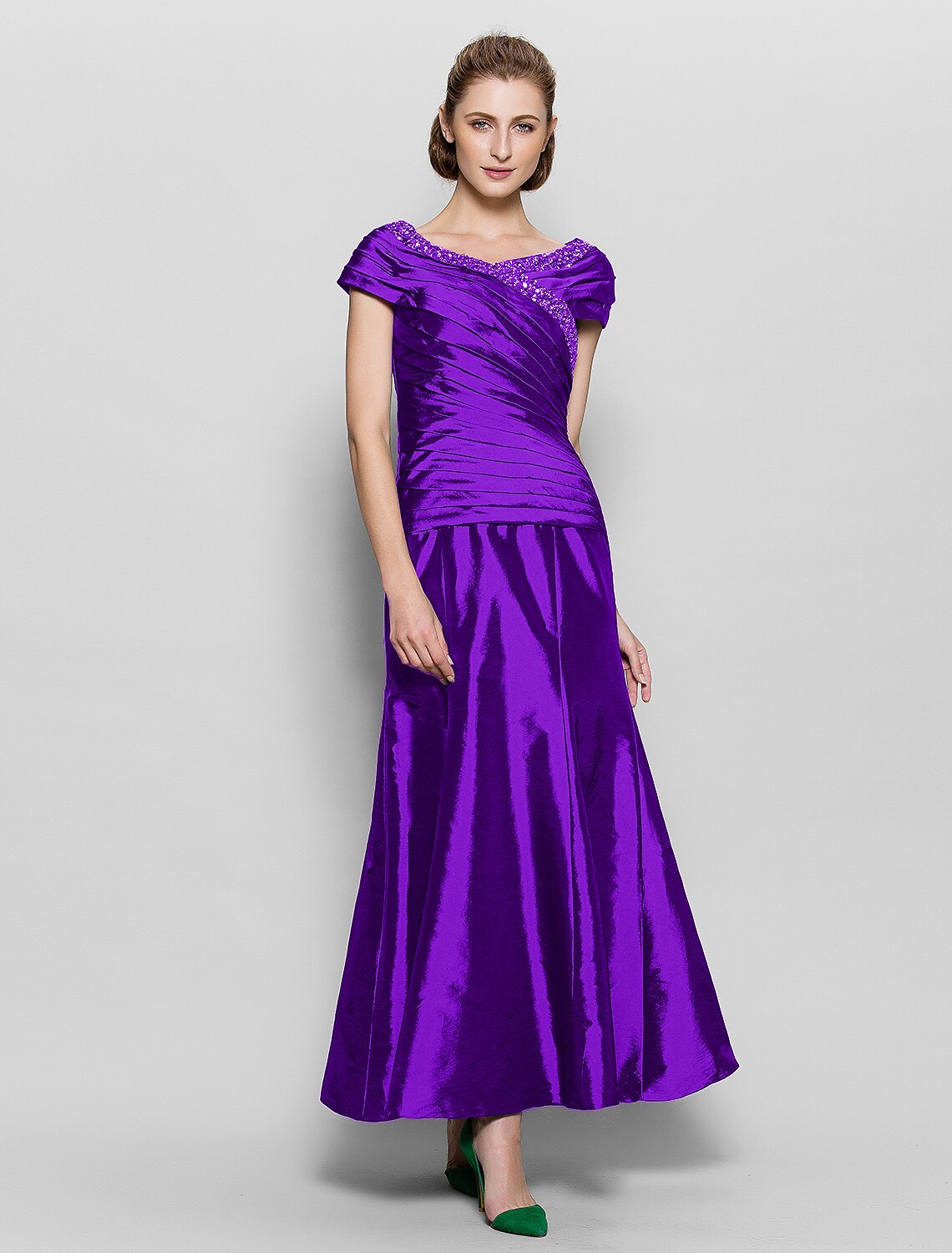 Mother of the Bride Dress Vintage Inspired V Neck Ankle Length Short Sleeve with Beading Side Draping