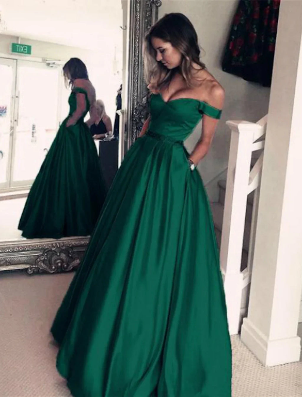 Ball Gown Elegant Prom Formal Evening Dress Off Shoulder Backless Short Sleeve Floor Length with Pleats Beading