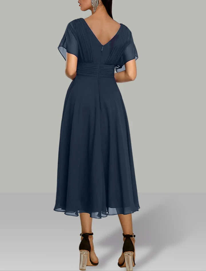 Navy Blue V-Neck Dolman Sleeve Chiffon High-Low Prom Dress