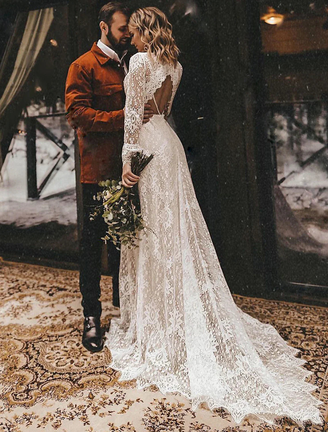 Beach Open Back Boho Wedding Dresses A-Line V Neck Long Sleeve Court Train Bridal Gowns With Solid Color