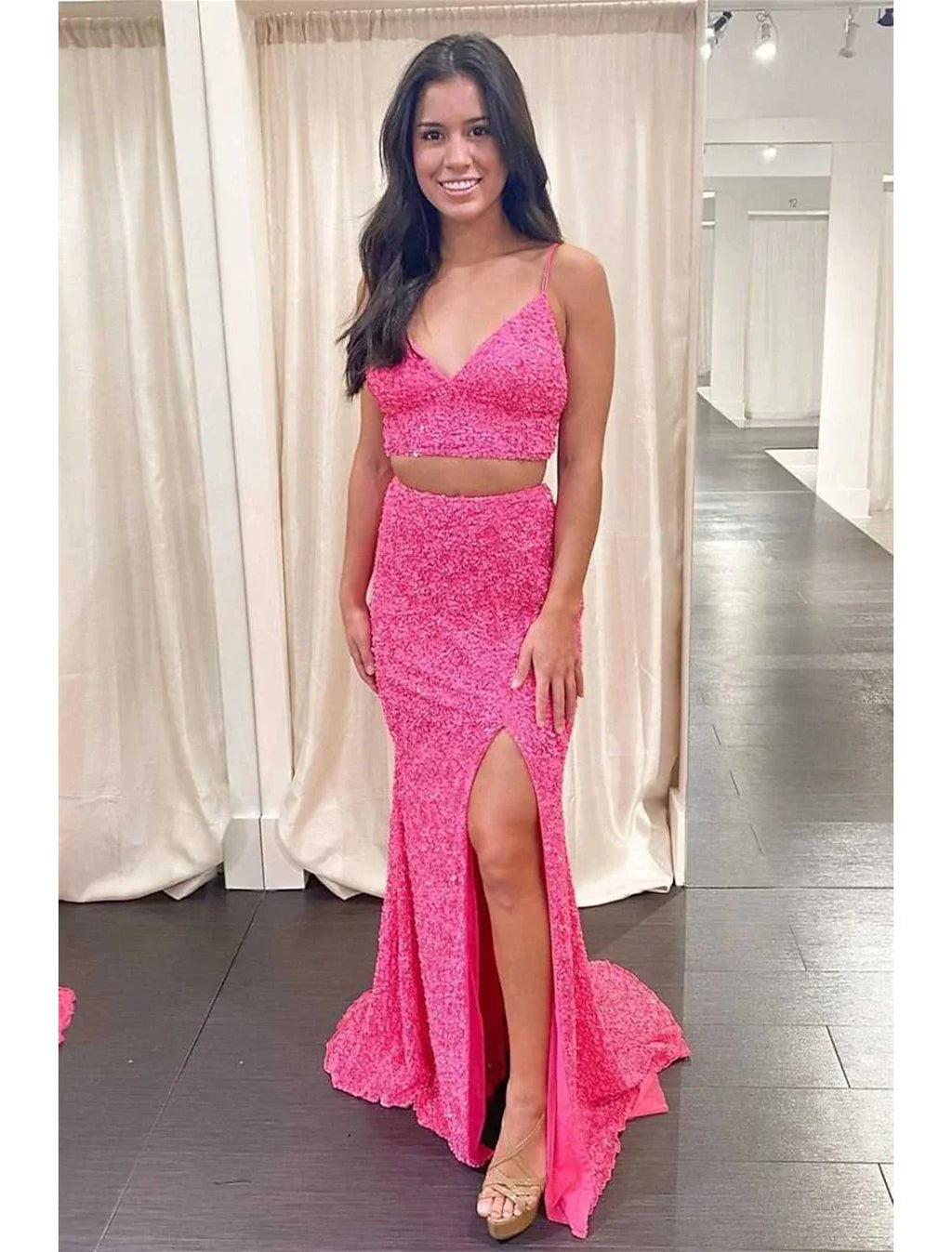 Two Piece Ball Gown Mermaid / Trumpet Prom Dresses Sparkle & Shine Dress Party Wear Sweep / Brush Train Sleeveless Spaghetti Strap Backless with Slit