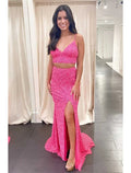 Two Piece Ball Gown Mermaid / Trumpet Prom Dresses Sparkle & Shine Dress Party Wear Sweep / Brush Train Sleeveless Spaghetti Strap Backless with Slit