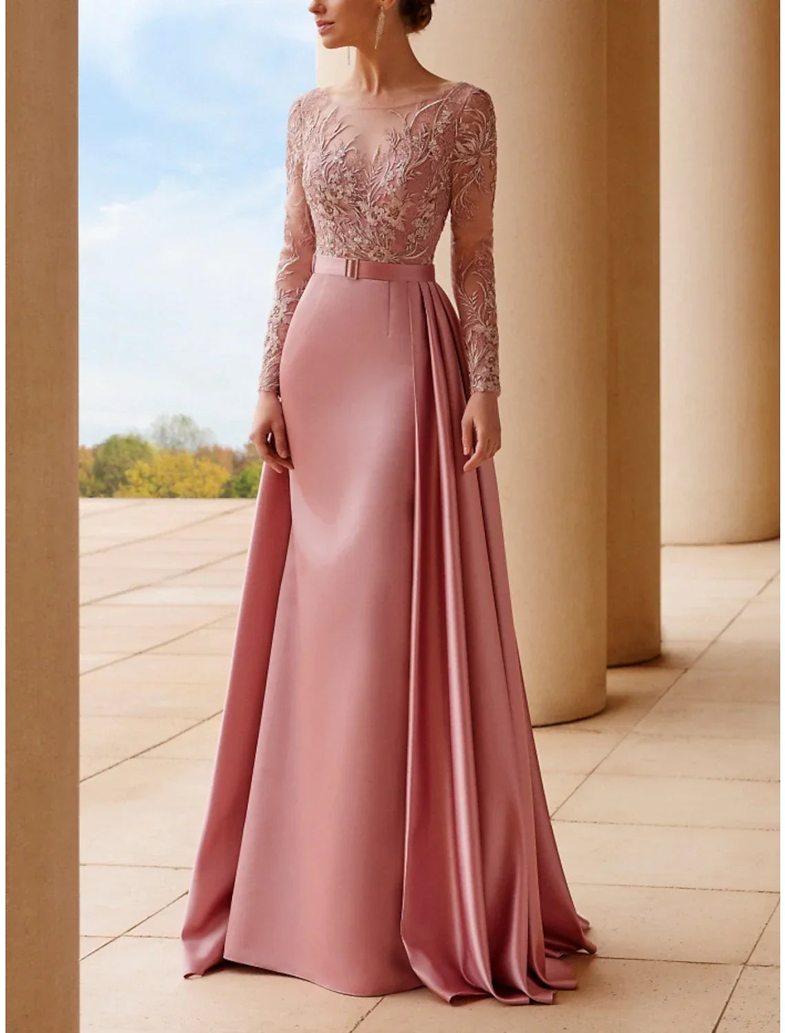 Mother of the Bride Dress Wedding Guest Elegant Scoop Neck Sweep / Brush Train Long Sleeve with Sash / Ribbon Ruching