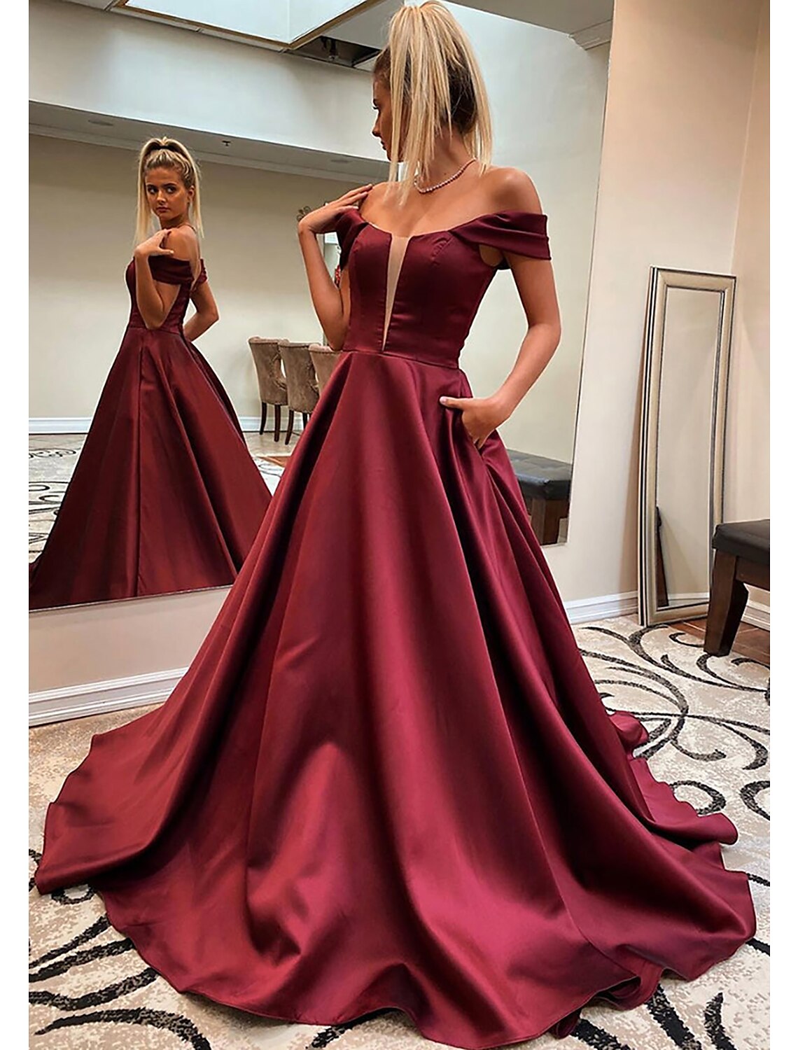 Princess Dress Formal Sweep / Brush Train Sleeveless Off Shoulder Backless with Pocket