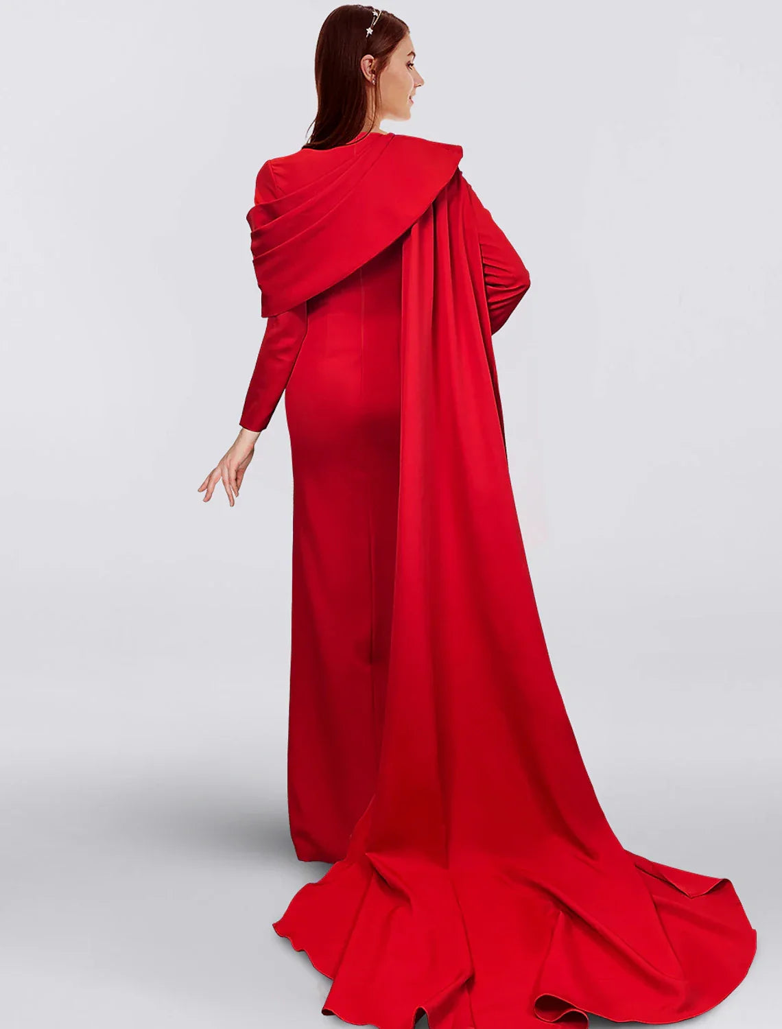 Black Sheath / Column Red Christmas Red Green Dress Evening Gown Elegant Cape Dress Formal Fall Sweep / Brush Train Long Sleeve Cowl Neck Fabric with Buttons Slit