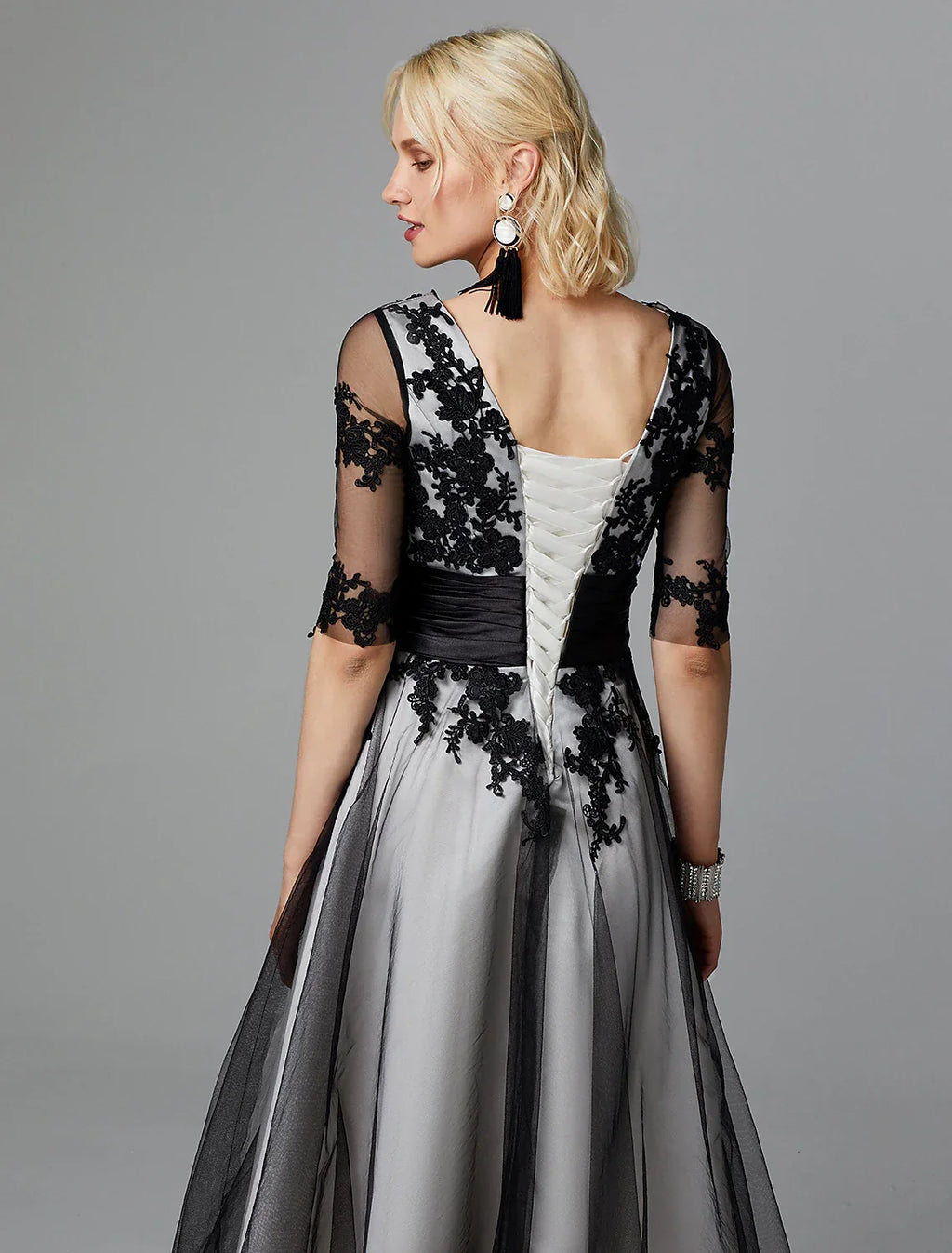 Wedding Guest Tea Length Half Sleeve Jewel Neck Fall Wedding Guest with Sash / Ribbon Appliques