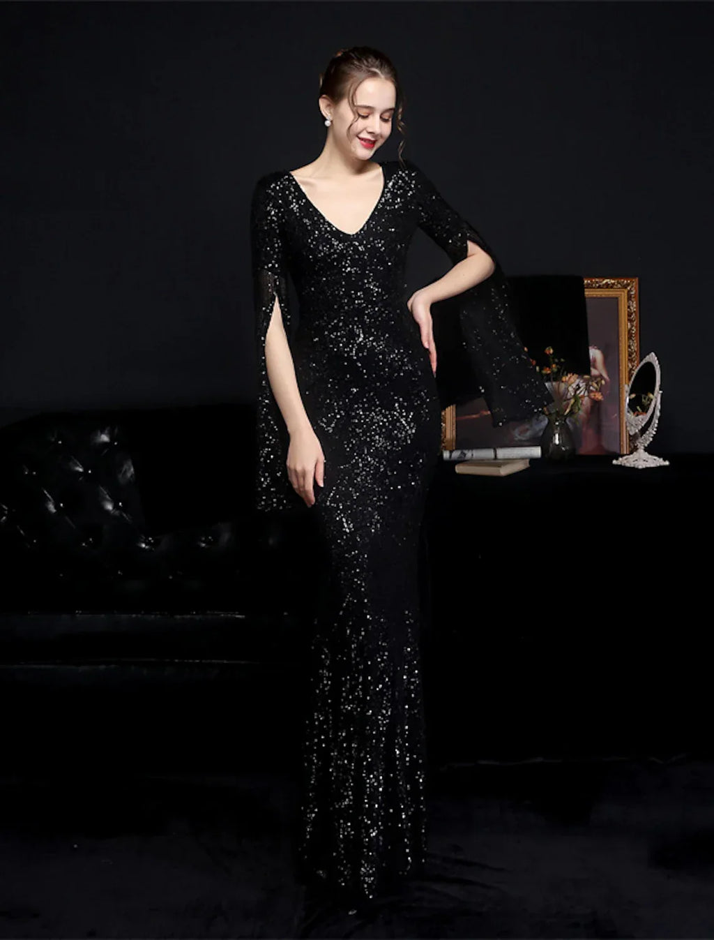 Mermaid / Trumpet Evening Gown Sparkle & Shine Dress Formal Floor Length Long Sleeve V Neck