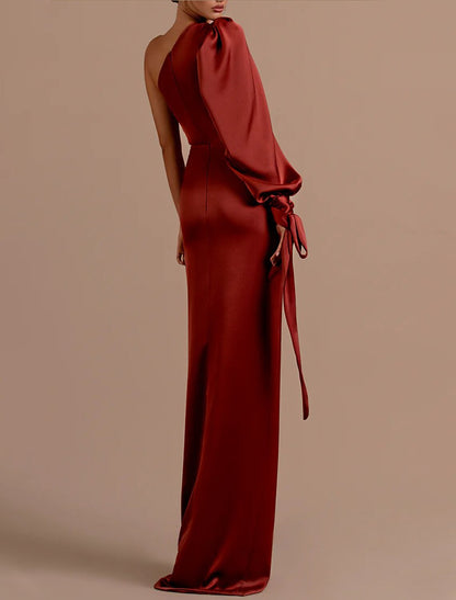 Luxurious Red Slit Mermaid One-Shoulder Long-Sleeve Classic-Back Floor-Length Prom Dress