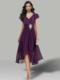Wedding Guest Dresses Elegant Dress Cocktail Party Tea Length Short Sleeve V Neck with Rhinestone