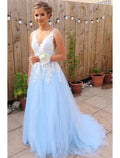 A-line/Princess V Neck Sleeveless Court Train Prom Dress With Appliqued