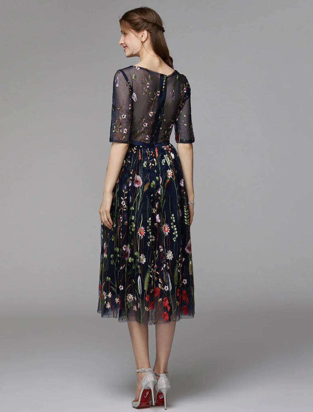 Holiday Tea Length Half Sleeve Illusion Neck Fall Wedding Guest with Embroidery Appliques