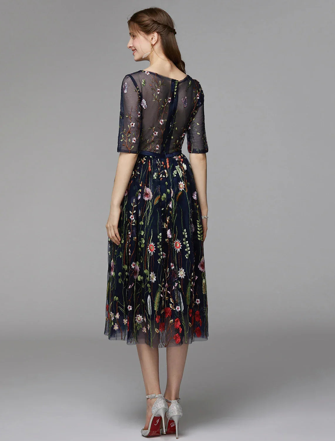 Holiday Tea Length Half Sleeve Illusion Neck Fall Wedding Guest with Embroidery Appliques