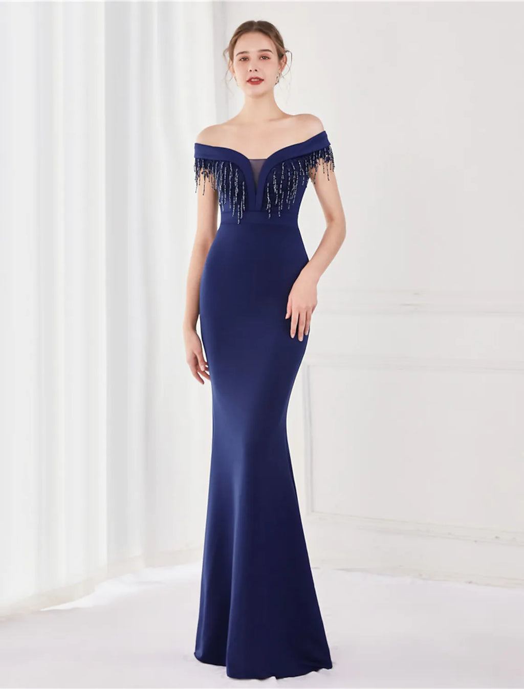 Sexy Wedding Formal Evening Dress Off Shoulder V Back Short Sleeve Floor Length with Tassel