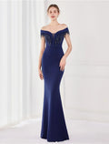 Sexy Wedding Formal Evening Dress Off Shoulder V Back Short Sleeve Floor Length with Tassel