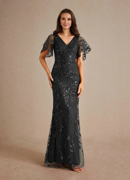 Sophisticated Graceful Stylish Refined Beautiful Elegant Champagne Tulle Sheath V-Neck Evening Dress