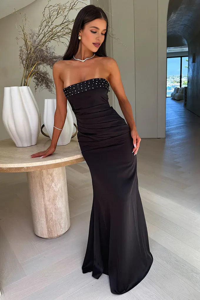 Graceful Stylish Refined Elegant Black Satin Mermaid Strapless Sleeveless Floor-Length Prom Dress