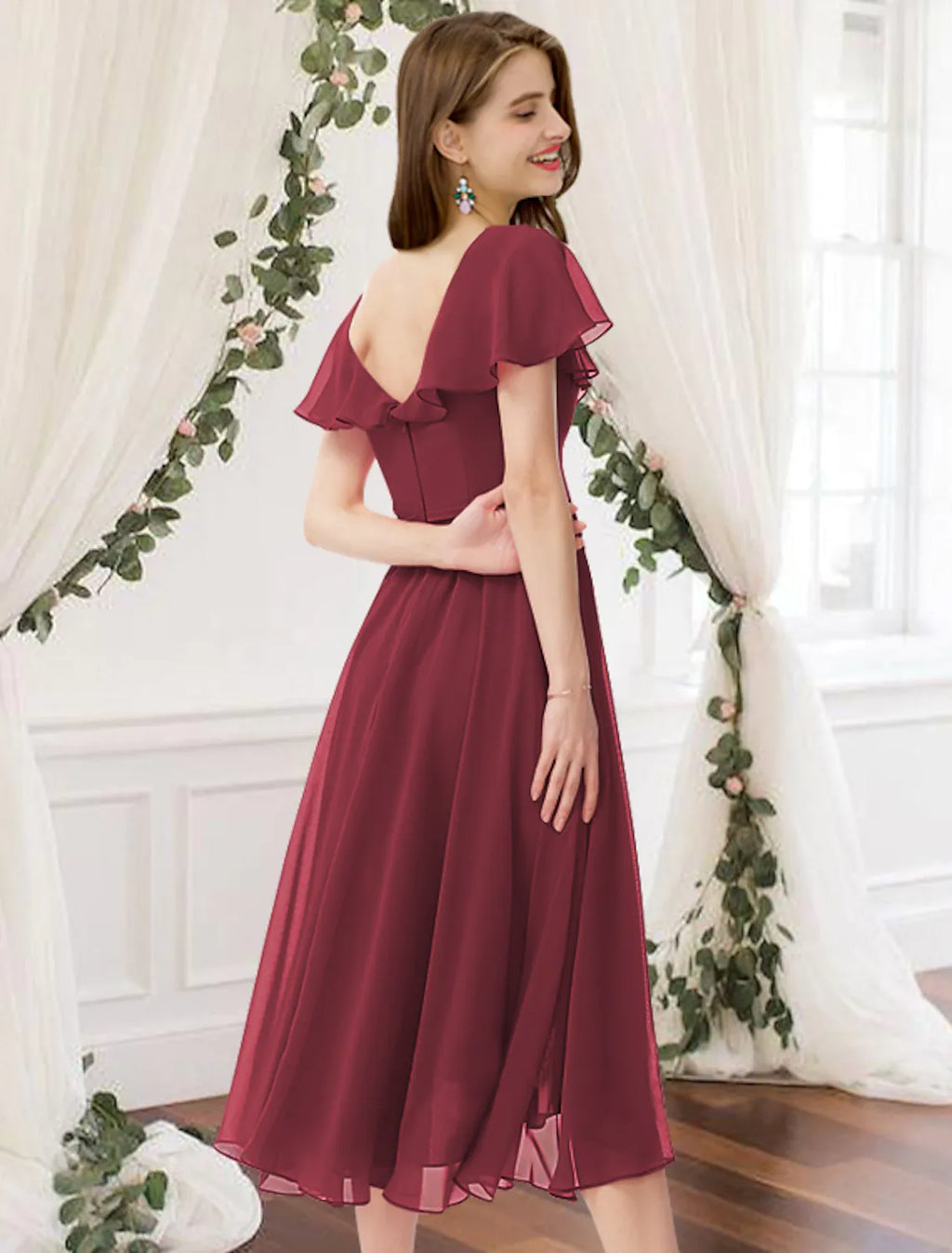 Bridesmaid Dress V Neck Short Sleeve Elegant Knee Length with Pleats Ruffles