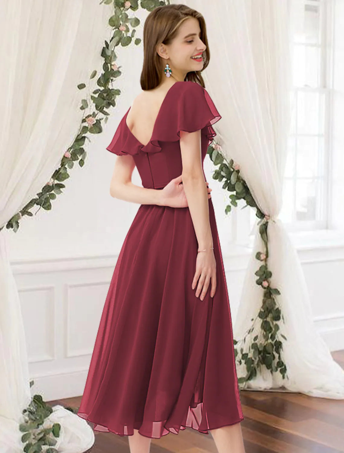 Bridesmaid Dress V Neck Short Sleeve Elegant Knee Length with Pleats Ruffles
