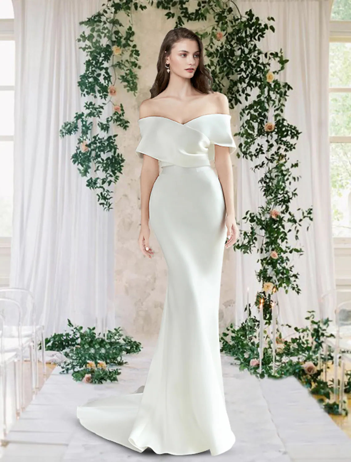 Casual Wedding Dresses Short Sleeve Off Shoulder With Ruched