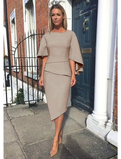 Elegant Red A-Line Classic-Neck Classic-Sleeve Classic-Back Knee-Length Mother-of-the-Bride Dress