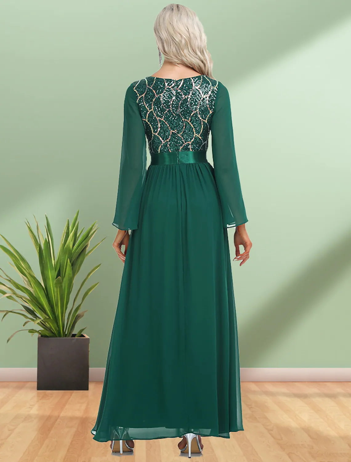 Evening Gown Elegant Dress Party Wear Floor Length Long Sleeve V Neck
