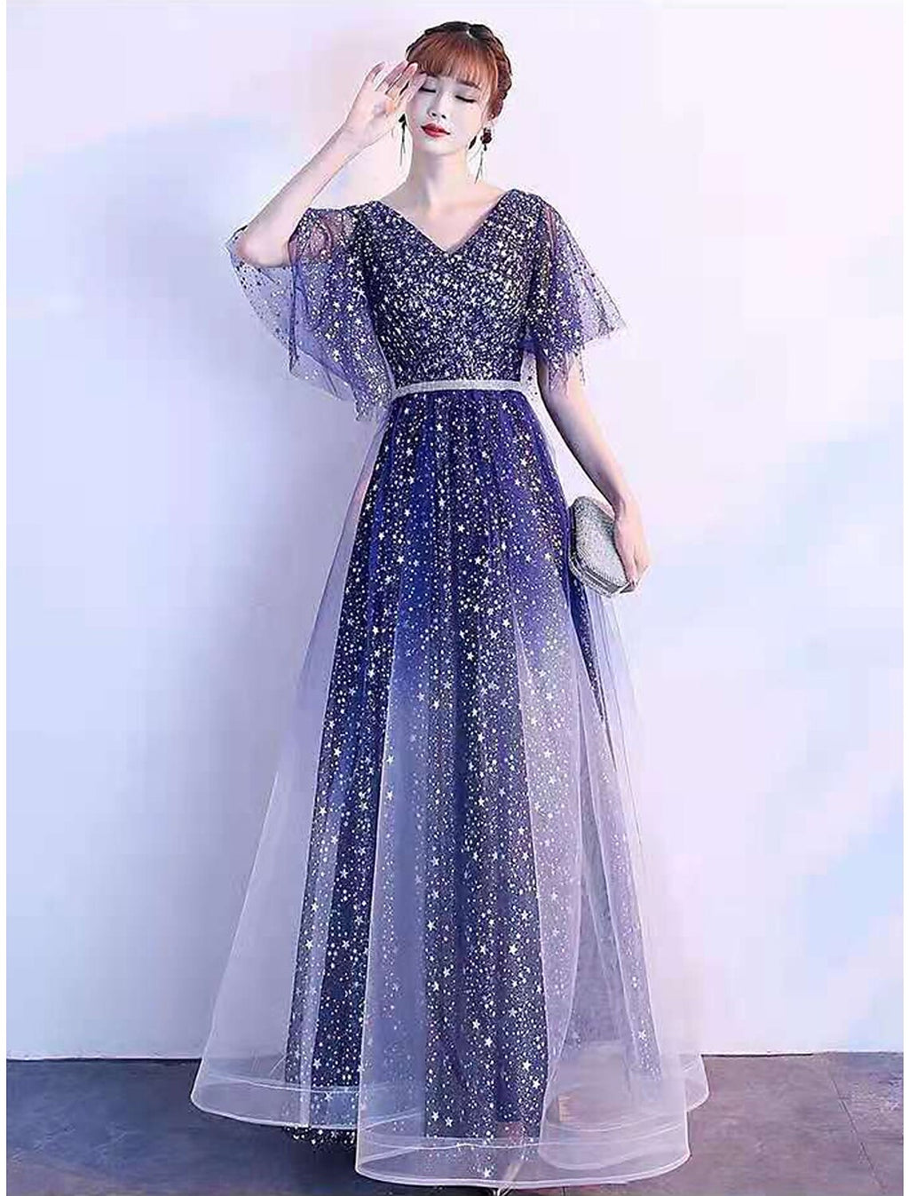 Ombre Prom Birthday Dress V Neck Short Sleeve Floor Length with Sash / Ribbon Crystals