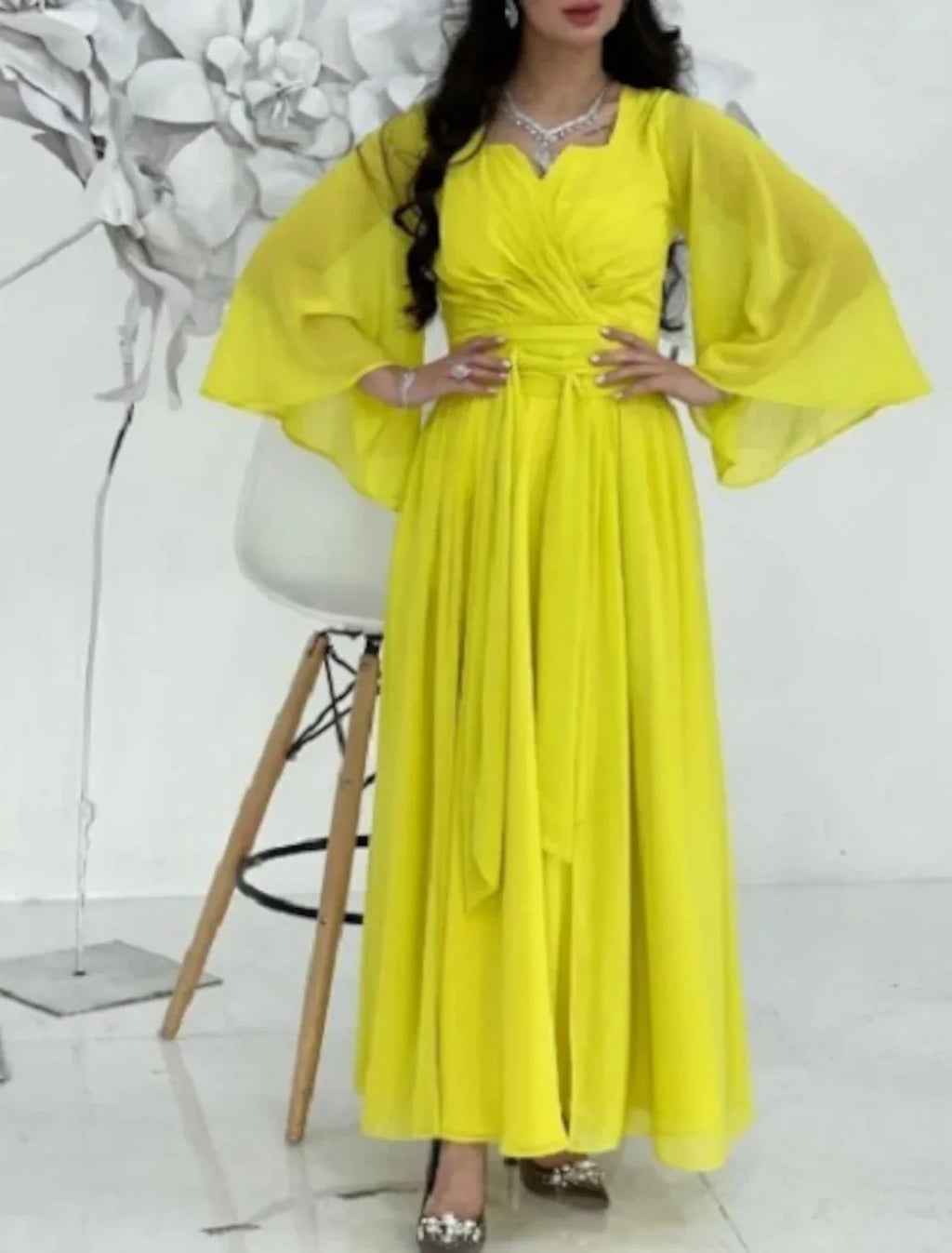 Evening Gown Elegant Dress Formal Prom Floor Length 3/4 Length Sleeve Square Neck with Ruched Strappy