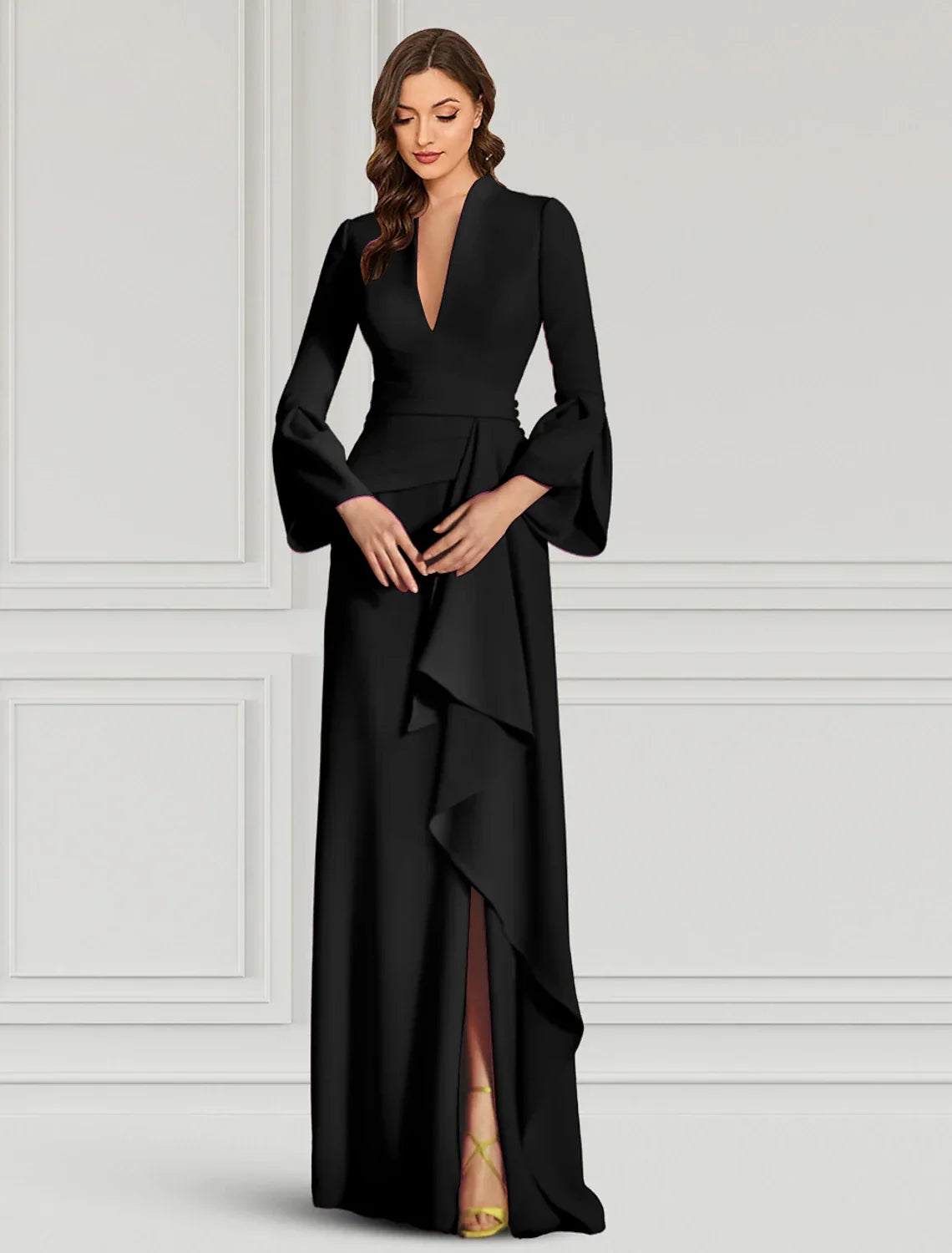 Black Sheath Evening Gown Elegant Dress Formal Cocktail Party Dress Floor Length Long Sleeve V Neck Fall Wedding Guest Fabric with Ruffles