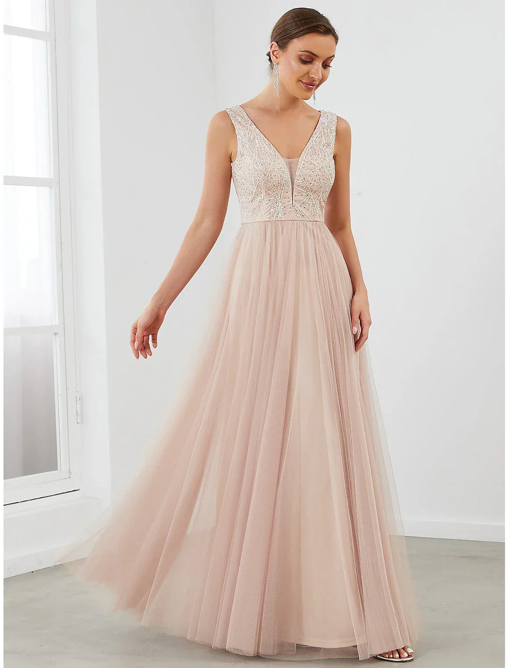 Evening Gown Elegant Dress Wedding Guest Floor Length Sleeveless V Neck V Back with Draping