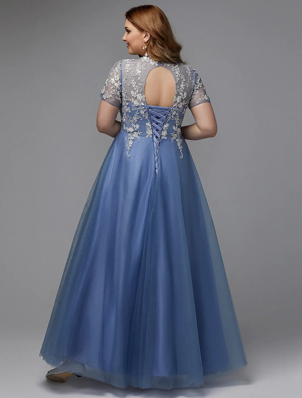 Plus Size Dress Wedding Guest Floor Length Short Sleeve High Neck Lace-up with Appliques