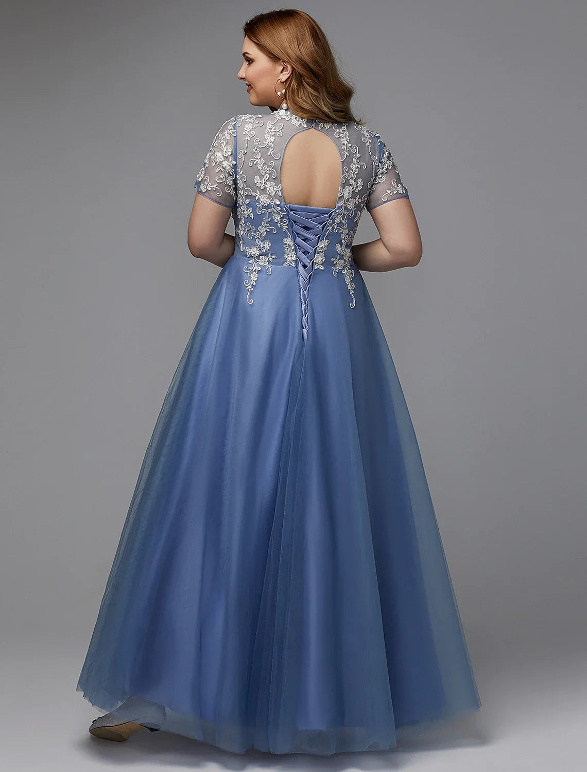 Plus Size Dress Wedding Guest Floor Length Short Sleeve High Neck Lace-up with Appliques