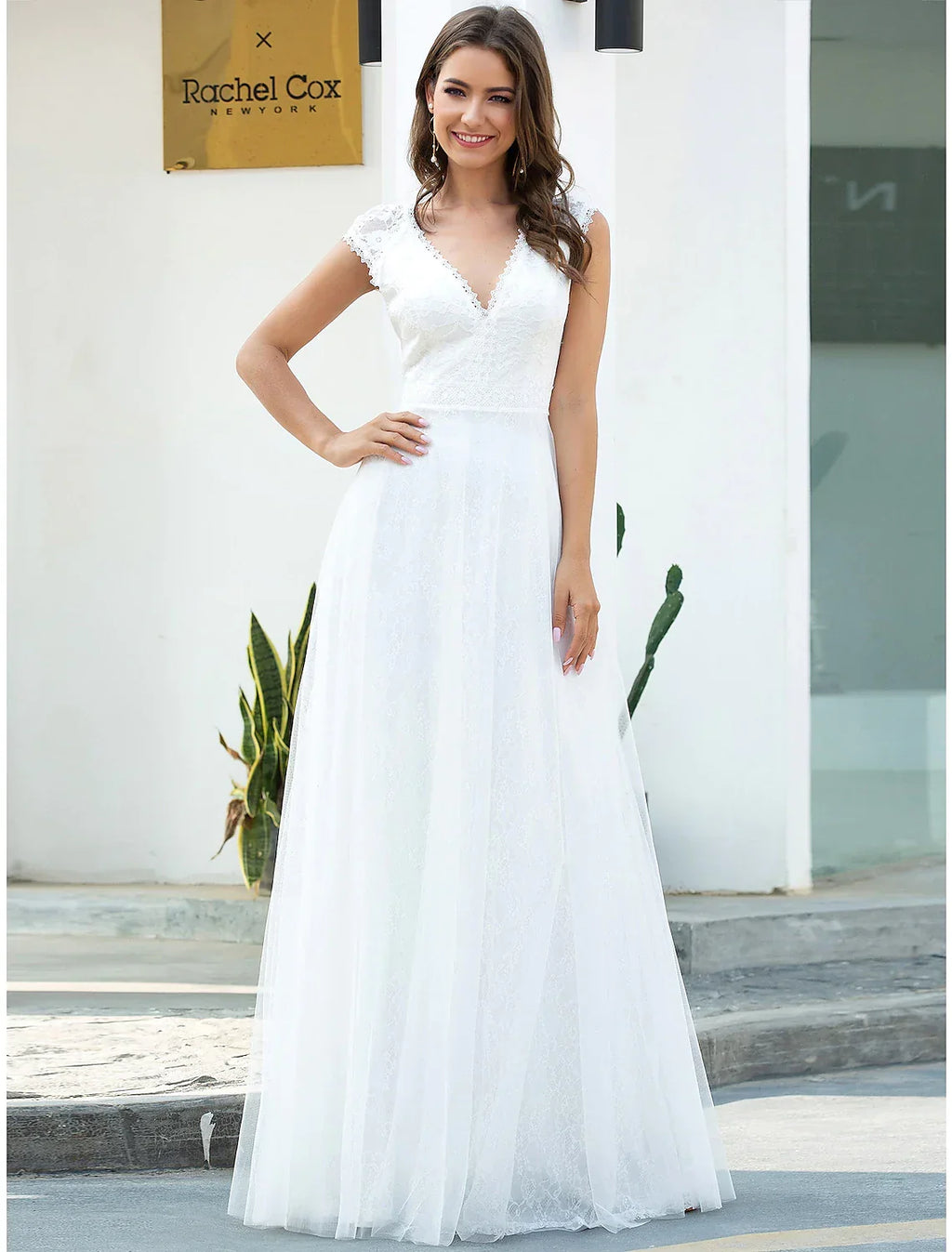 Beach Wedding Dresses Floor Length A-Line Short Sleeve V Neck