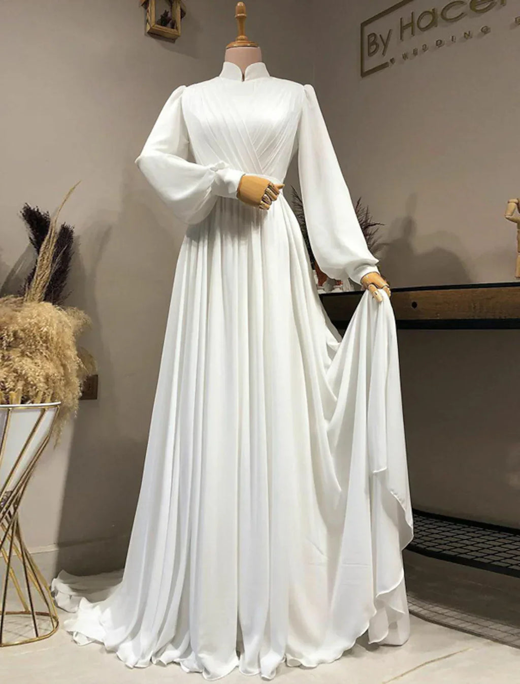 Vintage Casual Wedding Dresses A-Line Long Sleeve High Neck With Pleats