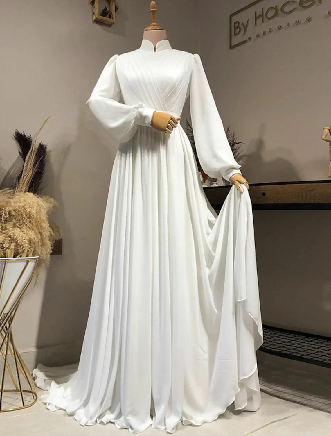 Vintage Casual Wedding Dresses A-Line Long Sleeve High Neck With Pleats
